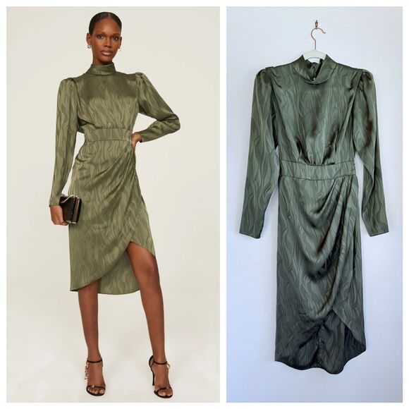 Ronny Kobo Collective Green Puff Sleeve Mock Neck Knee Length Dress in Green 2 - Picture 1 of 16